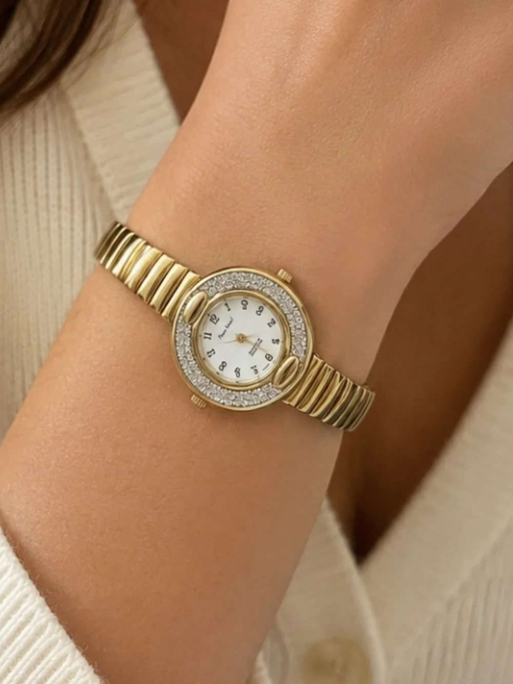 Vintage Pierre Nicol Gold Tone Quartz Stretch Bracelet Watch | Rhinestone Bezel